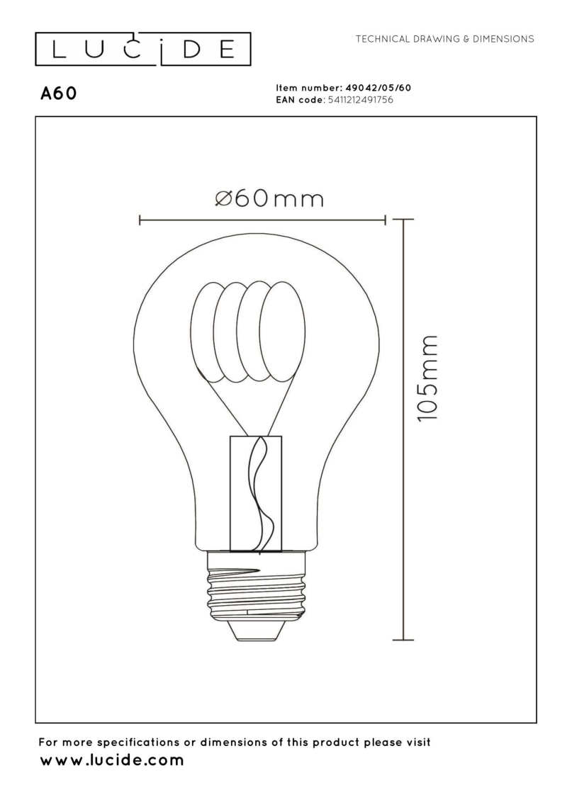 Lucide A60 - Žiarovka s vláknom - Ø 6 cm - LED Rozm. - E27 - 1x5W 2700K - Transparent